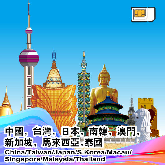 eSIM 5G 8地 365天 中國+澳門+台灣+日本+韓國+新加坡+馬來西亞+泰國